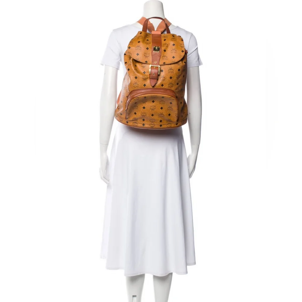 MCM Vintage Logo Print Coated Canvas Backpack Cognac
